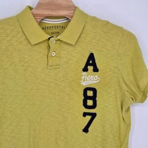 Aeropostale Mens XXL Neon Yellow Short Sleeve Polo Shirt‎ A87 Patch Graphic Y2K
